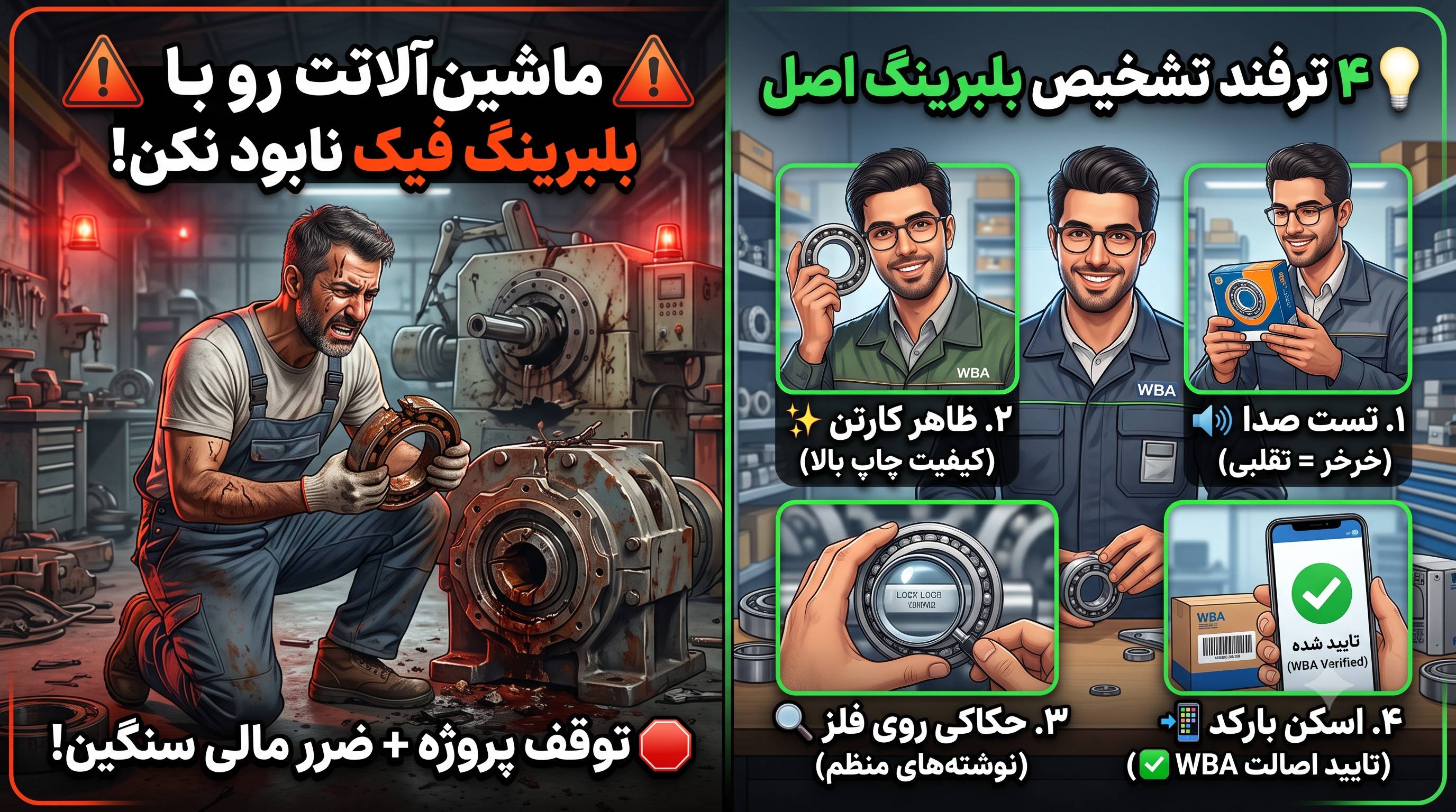 توقف خط تولید به خاطر یک قطعه بی‌کیفیت! (راهنمای جامع تشخیص بلبرینگ اصل از تقلبی)
